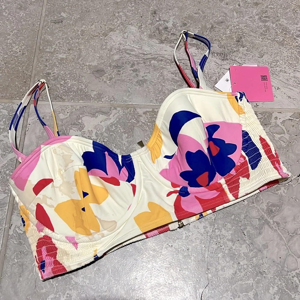 Kate Spade New York Smocked Floral Print Bikini Top, Size XL NEW w/Tag $138
